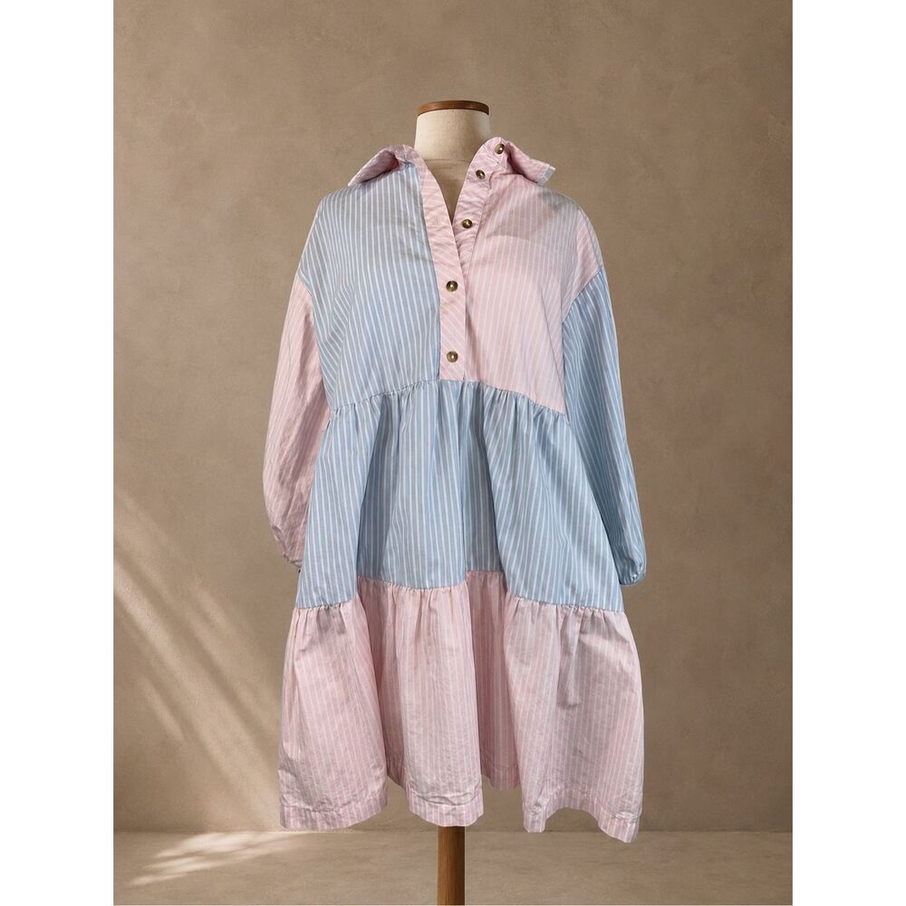 Maeve Sz M Bettina Mix Stripe Dress Blue Cotton Mini